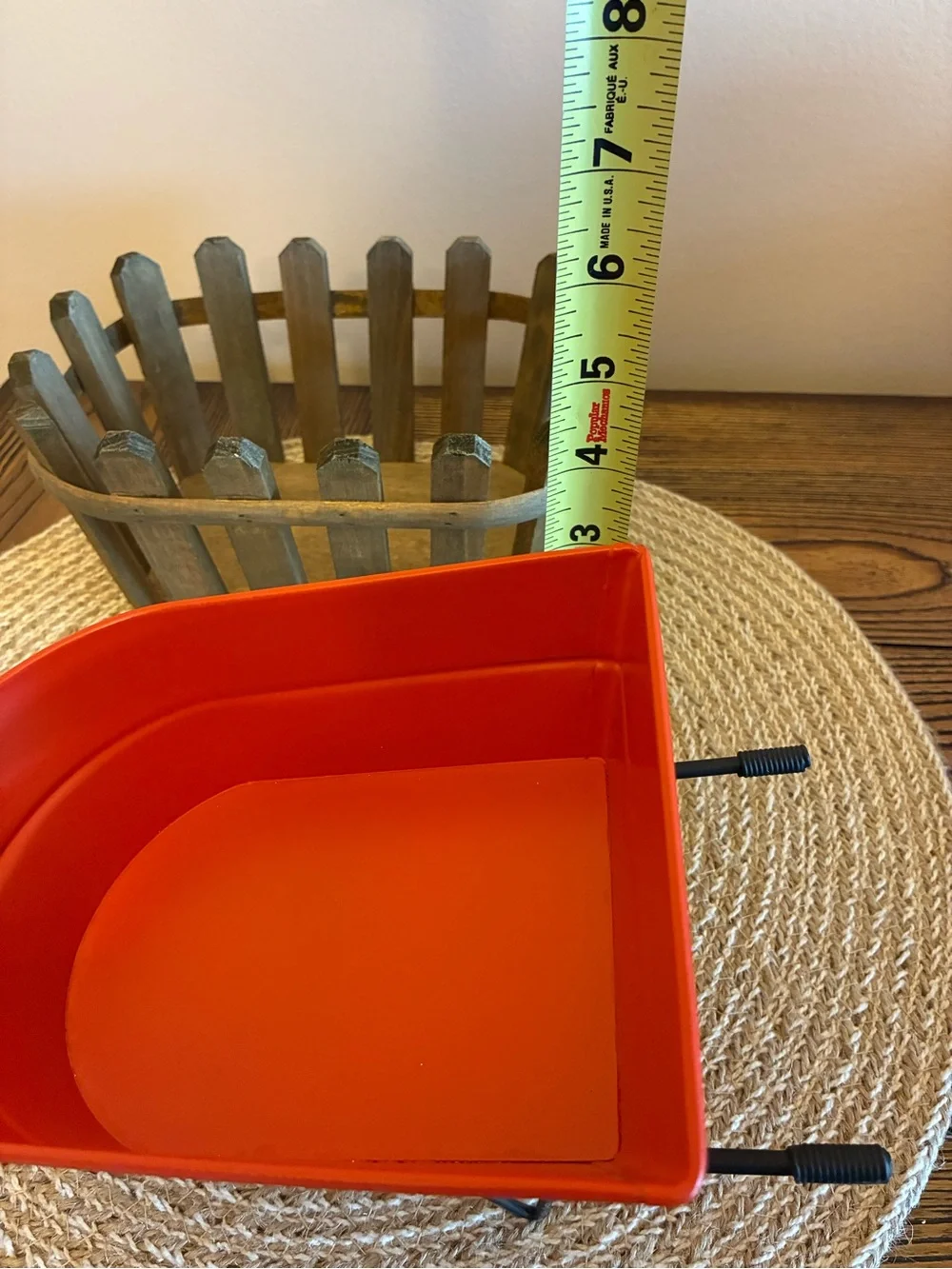 Decor Orange/Red Metal Wheelbarrow & Wooden Picket Fence Basket